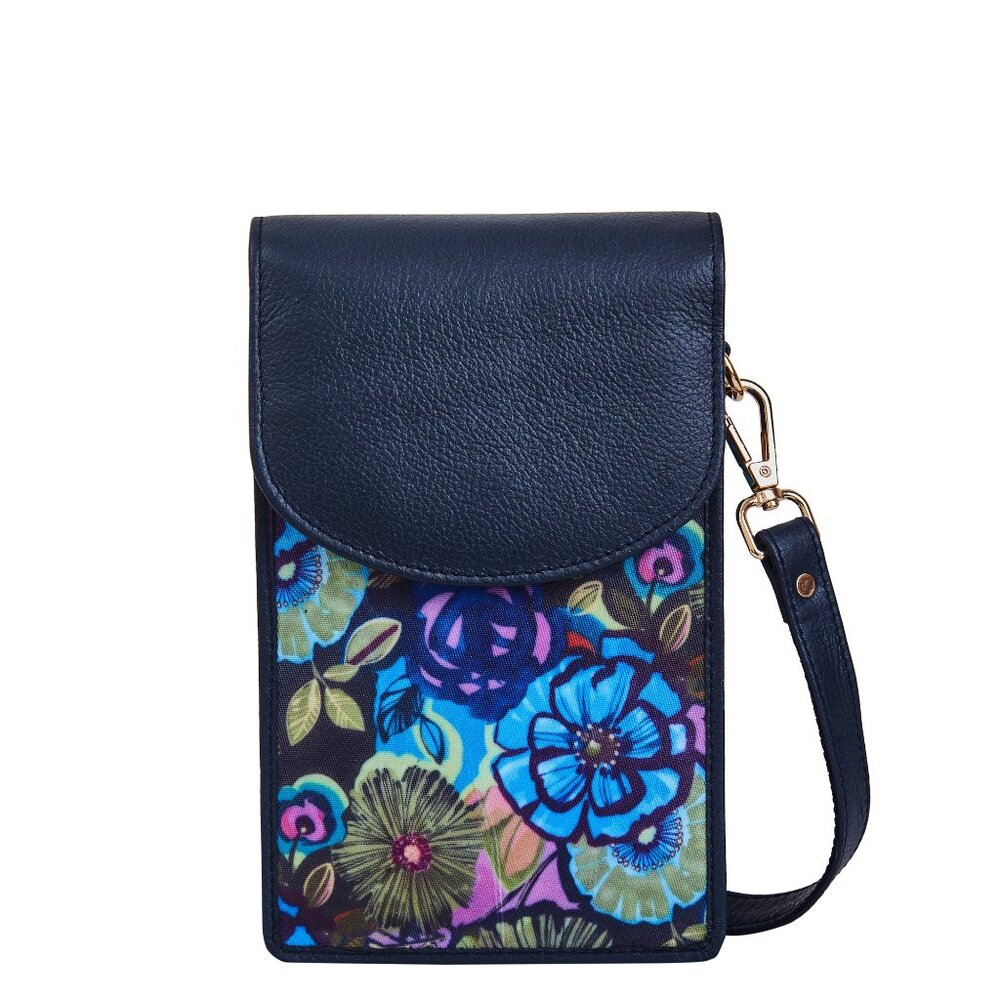 Sishka Ladies Blue Printed Nylon & Leather Trim Crossbody Sling Phone Wallet